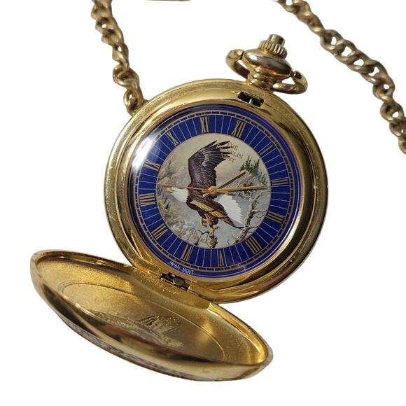 Franklin Mint Bald Eagle Pocket Watch Chain Vintage Ted Blaylock Gold Tone - Picture 1 of 8